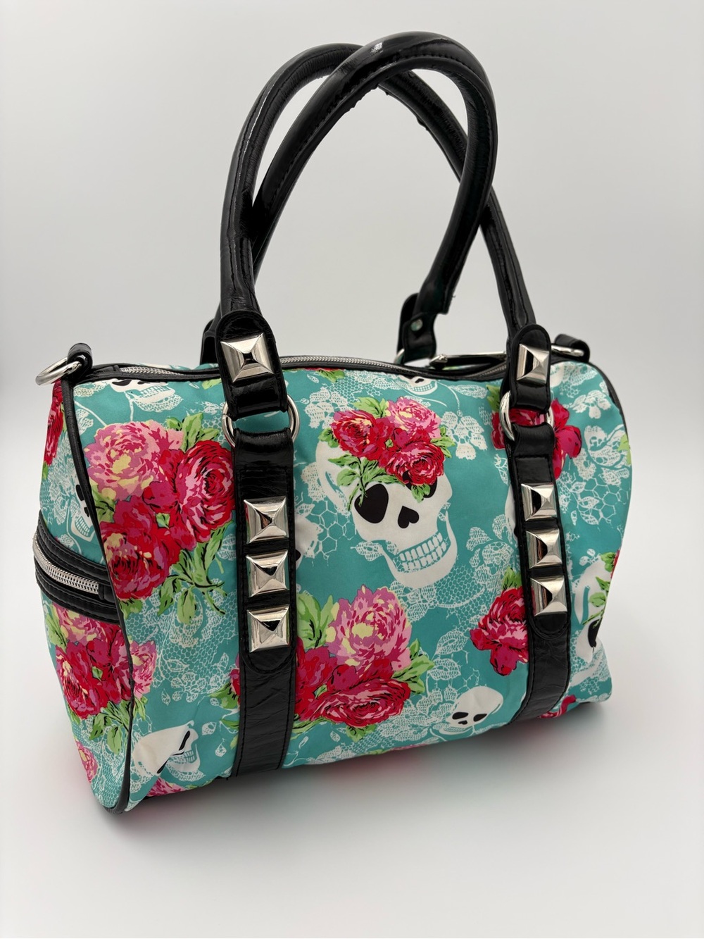 Betseyville Betsey Johnson Skull Floral Satchel Y2K Teal Studded Bag